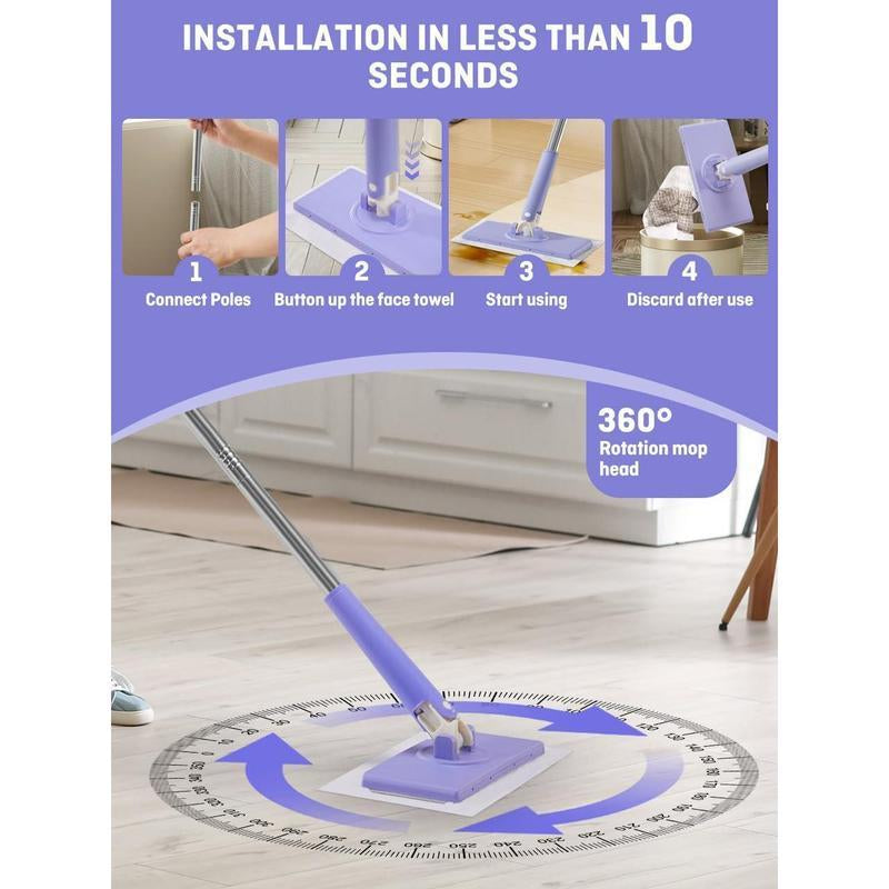 No-Wash Mop, Uses Disposable Face Towel, Hands-Free Replacement, Dry and Wet Multi Surface Floor Cleaner, Bathroom Cleaning